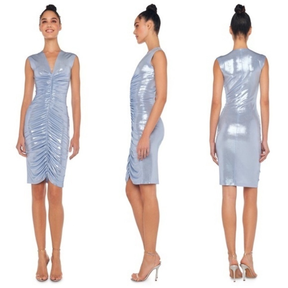 Norma Kamali Womens Sleeveless Deep V Neck Shirred Front Dress to Knee XXS